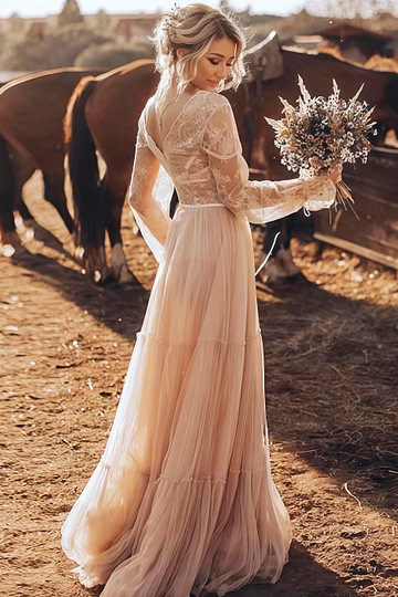 Nelly | Bohemian A Line Long Sleeve Lace and Tulle Wedding Dress - Perfect for Rustic Weddings - Ivory - PromDressClub