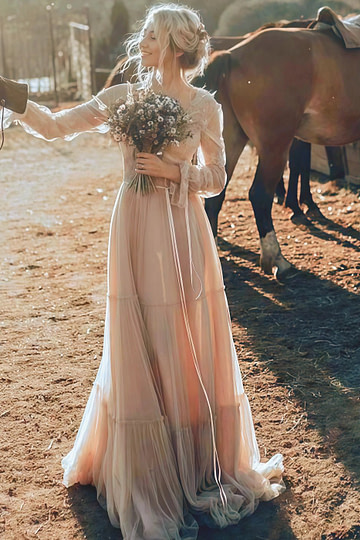 Nelly | Bohemian A Line Long Sleeve Lace and Tulle Wedding Dress - Perfect for Rustic Weddings - Ivory - PromDressClub