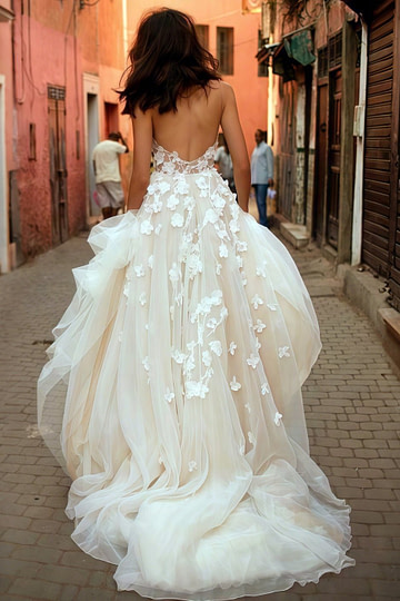 Nicola | Stunning Floral Embroidered Spaghetti Strap V Neck Tulle Wedding Dress with Long Train - Ivory - PromDressClub