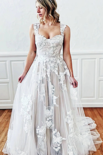 Captivating Square Neck A Line Wedding Dress Under 300 with Flower Embroidery Elegant Princess Style