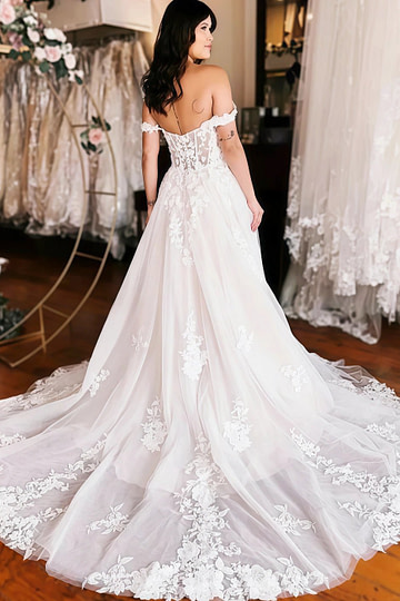 Norma | Off the Shoulder Sweetheart Neck Lace Appliques Wedding Dress with Slit - White - PromDressClub