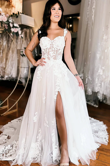 Norma | Off the Shoulder Sweetheart Neck Lace Appliques Wedding Dress with Slit - White - PromDressClub