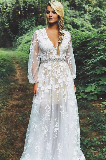 Novia | Ethereal Modest Floral Embroidered Long Puff Sleeve Wedding Dress - White - PromDressClub