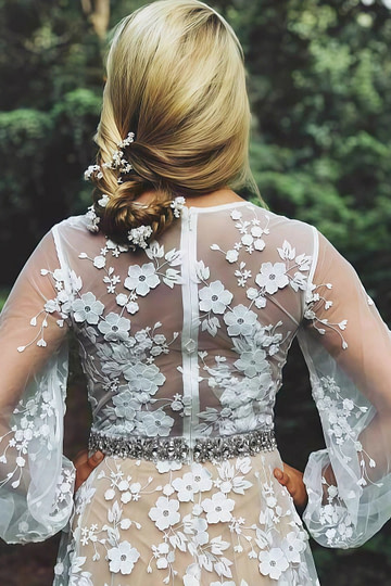 Novia | Ethereal Modest Floral Embroidered Long Puff Sleeve Wedding Dress - White - PromDressClub