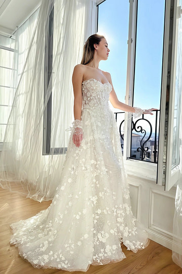 Poppy | Stunning White Strapless Floral Corset Wedding Dress - White Floral - PromDressClub