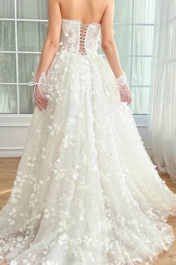 Poppy | Stunning White Strapless Floral Corset Wedding Dress - White Floral - PromDressClub