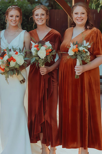 Alma | Immensely Glam Sheath Rust Orange Velvet Midi Bridesmaid Dress with V Neck and Short Sleeve - Price #price_variant_lowest# - Rust - PromDressClub