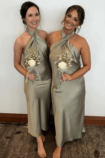 Amanda | Party Vibe Sheath Sage Green Satin Maxi Bridesmaid Dress with Halter and Backless - Price #price_variant_lowest# - Sage - PromDressClub