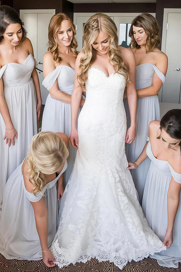 Anastasia | Boho A - Line Corset Backless Light Grey Chiffon Maxi Bridesmaid Dress with Off the Shoulder and Sweetheart Neck - Price #price_variant_lowest# - Grey - PromDressClub