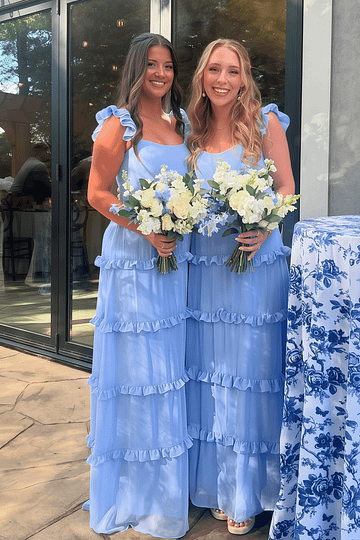 Andrea | Sheath Ruffles Blue Chiffon Maxi Bridesmaid Dress with Scoop and Lace - up Back - Price #price_variant_lowest# - Blue - PromDressClub