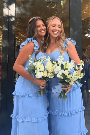 Andrea | Sheath Ruffles Blue Chiffon Maxi Bridesmaid Dress with Scoop and Lace - up Back - Price #price_variant_lowest# - Blue - PromDressClub