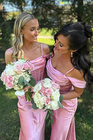 Angela | Sheath Corset Peach Satin Maxi Bridesmaid Dress with Slit and Off the Shoulder - Price #price_variant_lowest# - Peach - PromDressClub