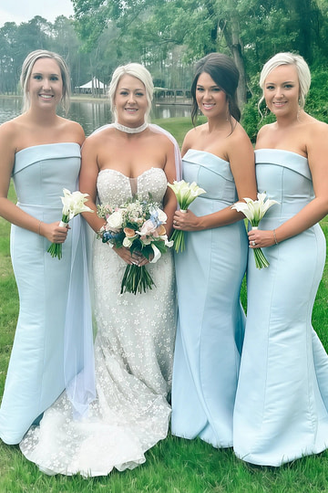Antonia | Sheath Stretch Strapless Aqua Blue Satin Maxi Bridesmaid Dress with Fold - Price #price_variant_lowest# - Aqua - PromDressClub