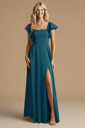 Akaks Powerful Ink Blue Bridesmaid Dresses Satin A-line Square Neck Floor Length Short Sleeve Bow Image191007