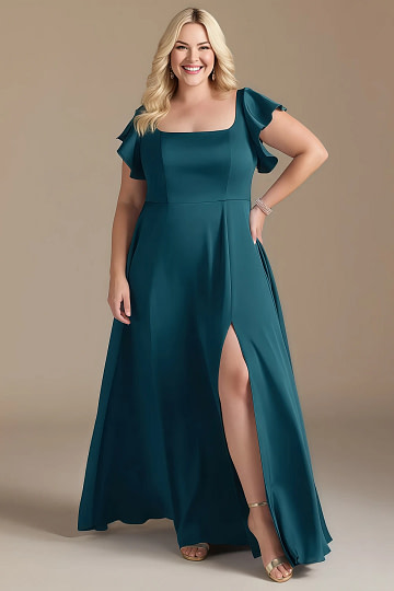 Akaks Powerful Ink Blue Bridesmaid Dresses Satin A-line Square Neck Floor Length Short Sleeve Bow Image191007