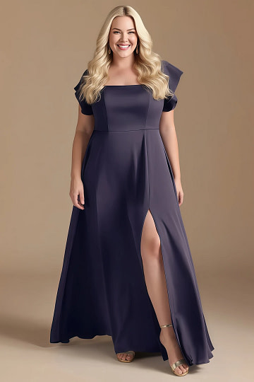 Akaks Powerful Stormy Blue Bridesmaid Dresses Satin A-line Square Neck Floor Length Short Sleeve Bow Image386661