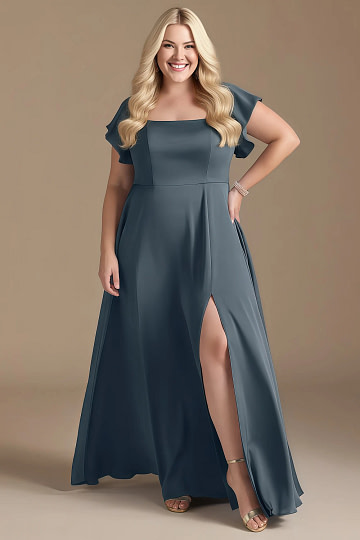 Akaks Powerful Twilight Bridesmaid Dresses Satin A-line Square Neck Floor Length Short Sleeve Bow Image496368