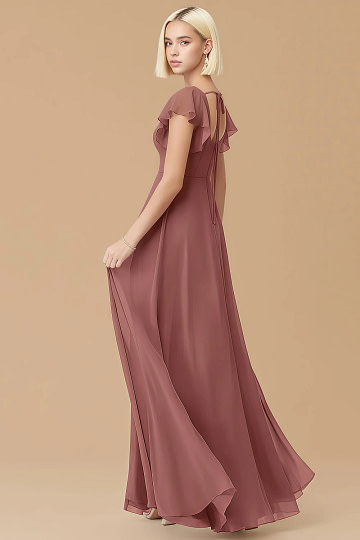 Exclusivity Amethyst Bridesmaid Dresses A Line Square Neck in Chiffon with Cap Sleeved Ruffled and Slits Image587020 - Akaks