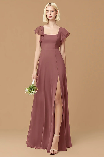 Exclusivity Amethyst Bridesmaid Dresses A Line Square Neck in Chiffon with Cap Sleeved Ruffled and Slits Image732920 - Akaks