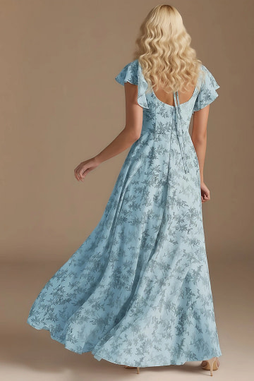 Exclusivity Blue Floral Bridesmaid Dresses A Line Square Neck in Chiffon with Cap Sleeved Ruffled and Slits Image188025 - Akaks