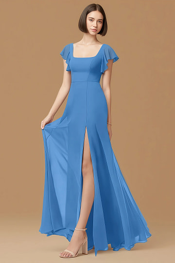 Exclusivity Blue Jay Bridesmaid Dresses A Line Square Neck in Chiffon with Cap Sleeved Ruffled and Slits Image538716