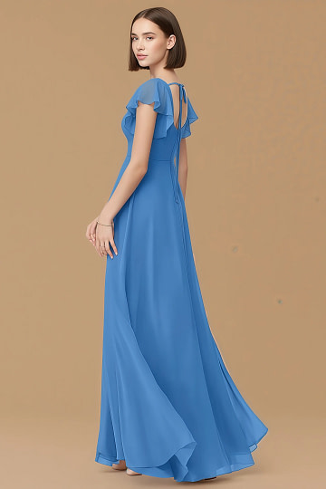 Exclusivity Blue Jay Bridesmaid Dresses A Line Square Neck in Chiffon with Cap Sleeved Ruffled and Slits Image985423