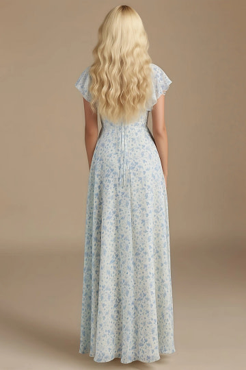 Exclusivity Blue and White Floral Bridesmaid Dresses A Line Square Neck in Chiffon with Cap Sleeved Ruffled and Slits Image703233 - Akaks