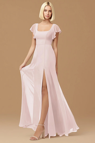 Exclusivity Blush Pink Bridesmaid Dresses A Line Square Neck in Chiffon with Cap Sleeved Ruffled and Slits Image356134 - Akaks