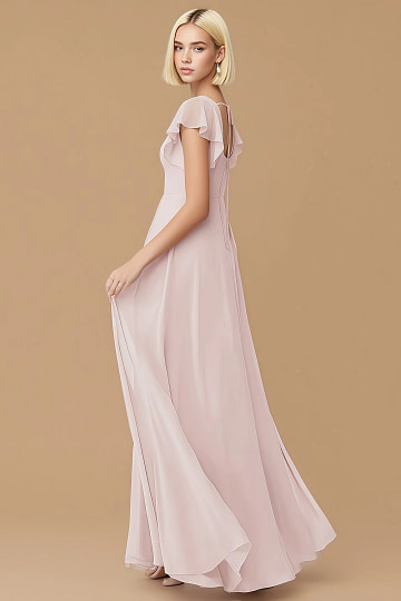 Exclusivity Blush Pink Bridesmaid Dresses A Line Square Neck in Chiffon with Cap Sleeved Ruffled and Slits Image869533 - Akaks