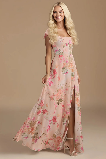 Exclusivity Bouquet Floral Bridesmaid Dresses A Line Square Neck in Chiffon with Cap Sleeved Ruffled and Slits Image159789 - Akaks