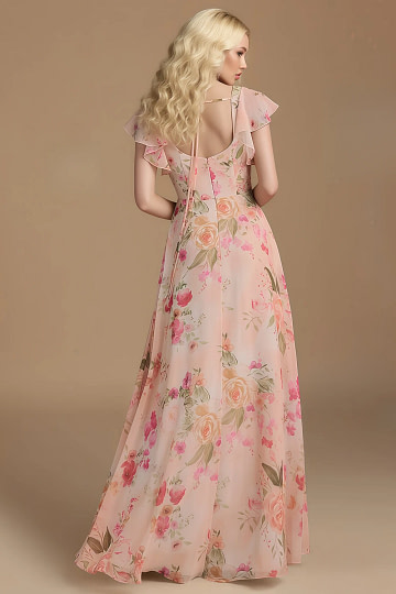 Exclusivity Bouquet Floral Bridesmaid Dresses A Line Square Neck in Chiffon with Cap Sleeved Ruffled and Slits Image468164 - Akaks