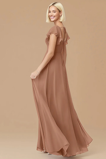 Exclusivity Bronzer Bridesmaid Dresses A Line Square Neck in Chiffon with Cap Sleeved Ruffled and Slits Image485297 - Akaks