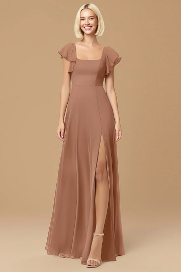 Exclusivity Bronzer Bridesmaid Dresses A Line Square Neck in Chiffon with Cap Sleeved Ruffled and Slits Image754603 - Akaks
