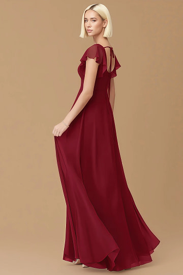 Exclusivity Burgundy Bridesmaid Dresses A Line Square Neck in Chiffon with Cap Sleeved Ruffled and Slits Image494456 - Akaks