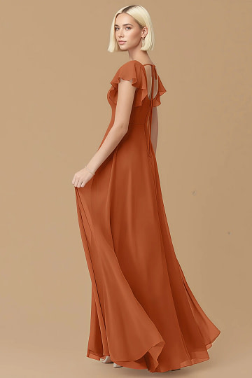 Exclusivity Burnt Orange Bridesmaid Dresses A Line Square Neck in Chiffon with Cap Sleeved Ruffled and Slits Image265909 - Akaks