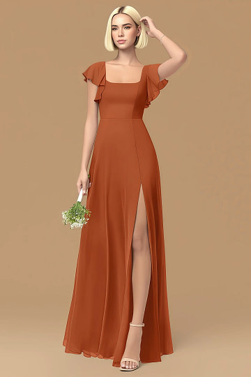 Exclusivity Burnt Orange Bridesmaid Dresses A Line Square Neck in Chiffon with Cap Sleeved Ruffled and Slits Image550828 - Akaks
