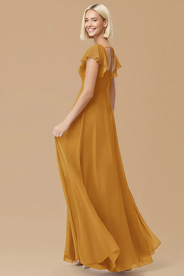 Exclusivity Butterscotch Bridesmaid Dresses A Line Square Neck in Chiffon with Cap Sleeved Ruffled and Slits Image230447 - Akaks