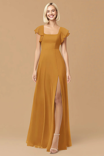 Exclusivity Butterscotch Bridesmaid Dresses A Line Square Neck in Chiffon with Cap Sleeved Ruffled and Slits Image819701 - Akaks
