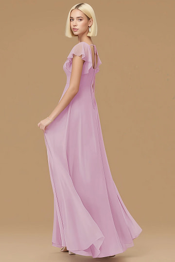 Exclusivity Candy Pink Bridesmaid Dresses A Line Square Neck in Chiffon with Cap Sleeved Ruffled and Slits Image659129 - Akaks
