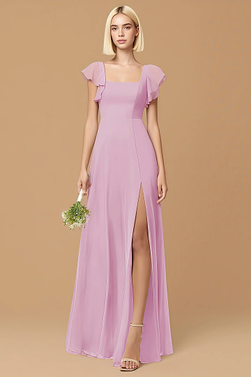 Exclusivity Candy Pink Bridesmaid Dresses A Line Square Neck in Chiffon with Cap Sleeved Ruffled and Slits Image777918 - Akaks