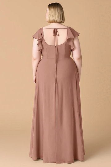 Exclusivity Cedar Rose Bridesmaid Dresses A Line Square Neck in Chiffon with Cap Sleeved Ruffled and Slits Image902991 - Akaks