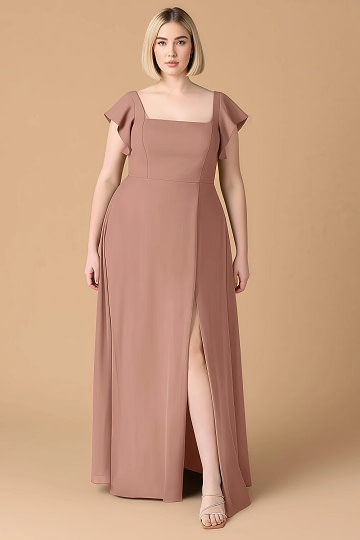 Exclusivity Cedar Rose Bridesmaid Dresses A Line Square Neck in Chiffon with Cap Sleeved Ruffled and Slits Image911193 - Akaks