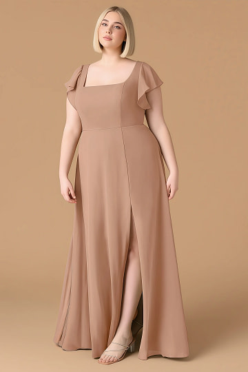 Exclusivity Champagne Rose Bridesmaid Dresses A Line Square Neck in Chiffon with Cap Sleeved Ruffled and Slits Image568216 - Akaks