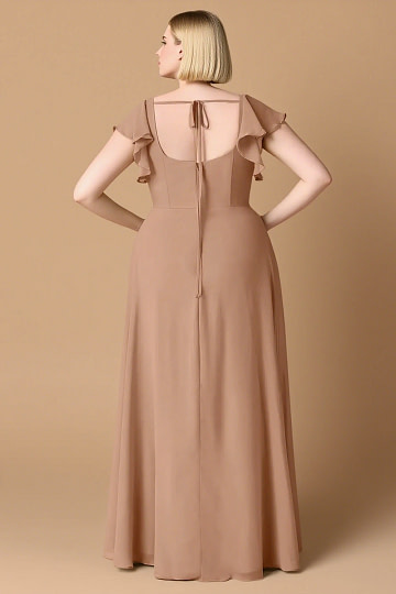 Exclusivity Champagne Rose Bridesmaid Dresses A Line Square Neck in Chiffon with Cap Sleeved Ruffled and Slits Image861135 - Akaks