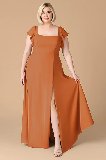 Exclusivity Cinnamon Bridesmaid Dresses A Line Square Neck in Chiffon with Cap Sleeved Ruffled and Slits Image493781 - Akaks