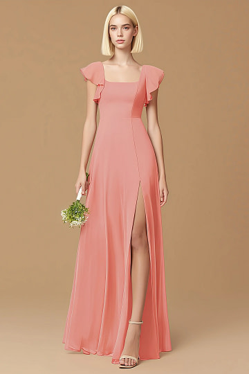 Exclusivity Coral Bridesmaid Dresses A Line Square Neck in Chiffon with Cap Sleeved Ruffled and Slits Image714770 - Akaks