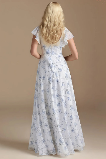 Exclusivity Cottage Blue Floral Bridesmaid Dresses A Line Square Neck in Chiffon with Cap Sleeved Ruffled and Slits Image359496 - Akaks