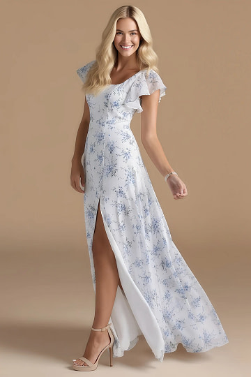 Exclusivity Cottage Blue Floral Bridesmaid Dresses A Line Square Neck in Chiffon with Cap Sleeved Ruffled and Slits Image960303 - Akaks