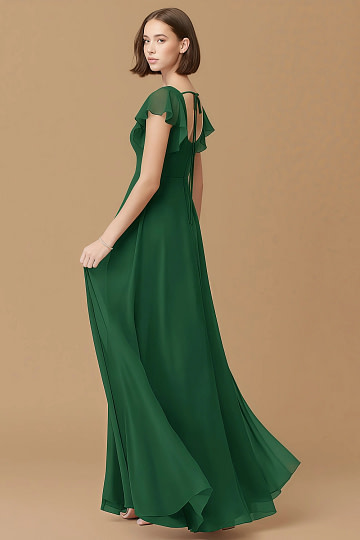 Exclusivity Dark Green Bridesmaid Dresses A Line Square Neck in Chiffon with Cap Sleeved Ruffled and Slits Image887971
