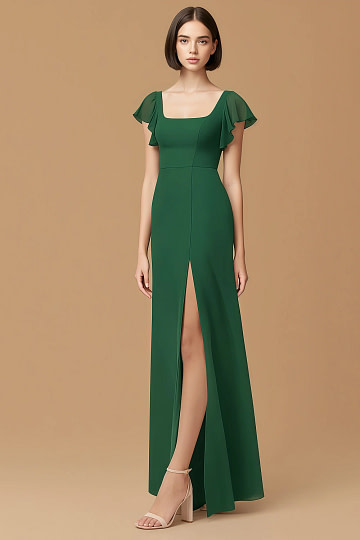 Exclusivity Dark Green Bridesmaid Dresses A Line Square Neck in Chiffon with Cap Sleeved Ruffled and Slits Image931517